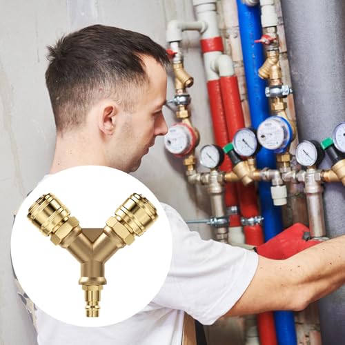 Elsrantor Druckluftkupplung, Druckluftverteiler 1/4-Zoll, Messing Druckluft Verteiler, Druckluft y Verteiler 2-Fach, Druckluftweiche mit 2 Kupplungen, Luftschlauch Schnellkuppler Verteiler