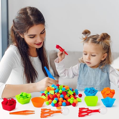 Image of EZdhuawuse Shape Sensory Bin Fillers - 295P Summer Shape Fine Motor Skills Toys Counting Sorting Set for Kids Early Education, Felt Decor Pom Poms Cup Clip for Preschool Counting Sorting Birthday Gift