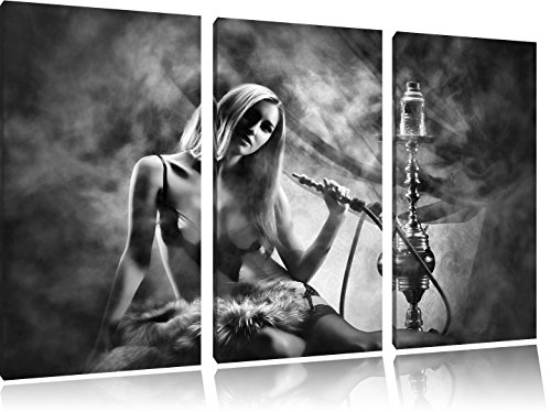 Pixxprint Monocrome, Schöne Frau mit Shisha im Nebel als Leinwandbild/Größe: 3 Teilig (120x80 cm) cm/Wandbild/Kunstdruck…