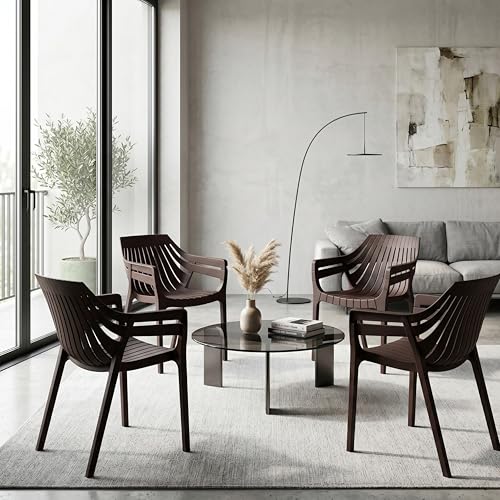 Image of OAKNEST Supreme Spectrum Plastic Arm Chair - Modern Slatted Stackable Chair for Living Room, Dining, Garden, Balcony, Restaurant & Cafe | Weatherproof Indoor Outdoor Designer Chair, Set of 4,G Brown