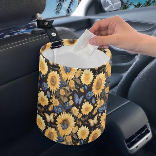 Image of Butterfly Sunflower Car Trash Bin Hanging, Waste Basket - Cute, Portable, Collapsible, Waterproof Rubbish Bag for Back Seat, Floor, or Hanging Headrest