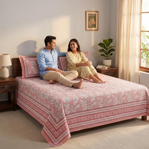 Image of Mafatlal 144 TC Pure 100% Cotton Double Bed Sheet with 2 Pillow Covers | 90 x 108 inches | Bedcover for Queen Size Bed, Jaipuri Prints | Peach Nude