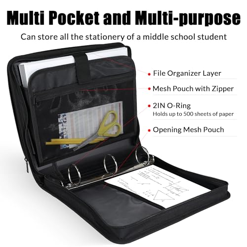 Sunee S-Z1049 Zippered Binder Bag With Handle, 2-Inch 3-Ring O-Ring, 500-Sheet Capacity, Includes Zip Pocket, 5-Tab Expanding File Folder, Multi-Pocket Organizer Binder Suitable thumb #2