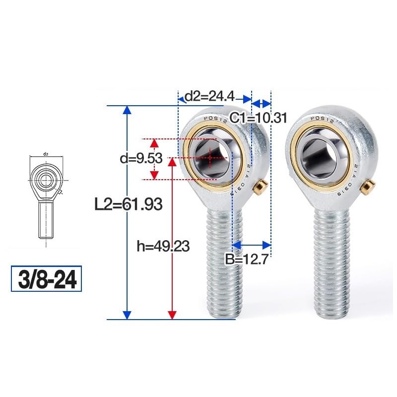 BERWENNY 1PC Rod Ends Joint Bearings Male Thread POSB3L/4L/5L/6L/7L/8L/10L/12L/POSB16L Left-Hand Thread Spherical Plain Bearing(POSB6L 3/8-24)