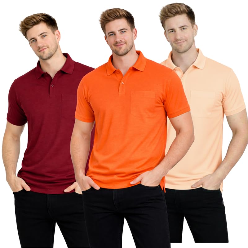 Image of SMAN Polo Neck T-Shirt Pack of 3 for Men & Boys | Half Sleeve Collar Tee with Pocket | Premium Spun Matty Fabric | Casual & Office Wear | Sizes M to 2XL | FX PO3 MCR ORN PCH