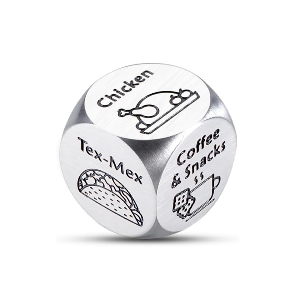 1-Pack Decision Dice .Activity and Food Dice, 0.63 Inch, Aluminium, Silver, for Video Gaming, Outdoor Activities, Cooking, Reading, Traveling, Pets, Pizza, Burger, Chicken, Shopping, Movie Night (3)