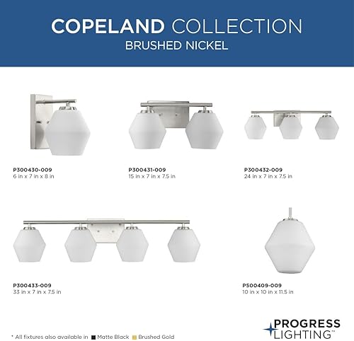 Miniatura 6 de Progress Lighting P300431-009 Copeland Collection - Lámpara de tocador de 15 pulgadas con dos luces de níquel cepillado con pantallas de cristal de