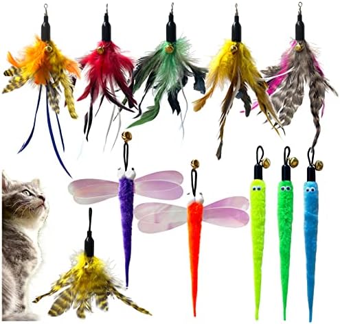 AcceLeah Cat Feather Toys Replacement Cat Toy Wand Refills,Cat Teaser Toy Refills Cat Fishing Pole Toy attachments Dragonfly Worm Refill for Cat Indoor Toy (11Pcs（Feathers+Dragonfly+Worm）)