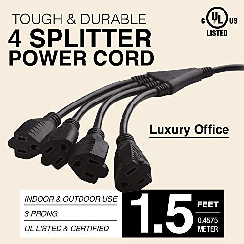 Image of 4 Way Power Splitter - 1 to 4 Extension Cord Splitter, 1.5' Short Extension Cord UL Listed, Outlet Splitter 3 Prong, Power Strip Outlet Plug, Y Style Extension Cord, Black, SJT 16 AWG by Luxury Office