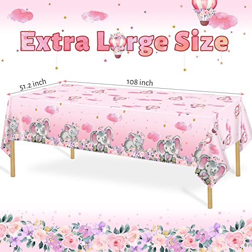 Baby Shower Table Cover Decorations, Girl Elephant Table Cover Baby Tablecloth, Plastic Rectangle Table Decors For Pink Cute Elephant Floral Theme Table Cloth Decor, 54 X 108 Inc（3 Pieces） #TOP1