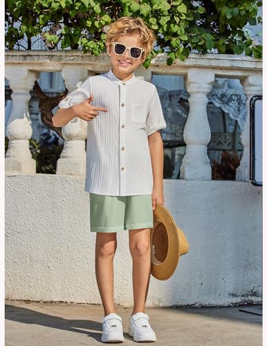Image of Arshiner Boy's 2 Piece Beach Outfit Short Sleeve Textured Button Down Shirt and Short Sets Summer Vacation Wear 4-12 Years