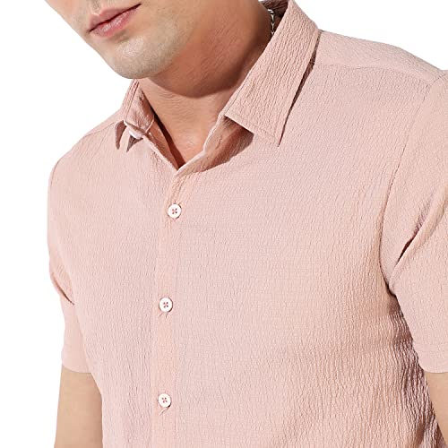 Image of CAHOOT Men's Button Up Shirt for Casual Wear | Regular Fit | Poly Lycra Shirt Crafted with Short Sleeve & Enhanced Stretch Comfort Fit for Everyday Wear
