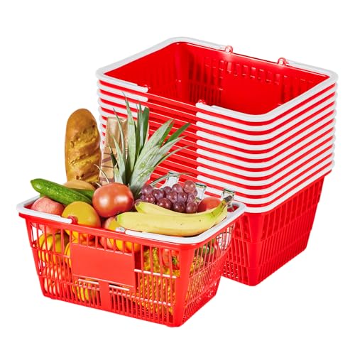 VEVOR Cestas de Compra con Asas 12 Piezas 430 x 305 x 215 mm, Apilables, de Plástico PE, Estructura de Malla Densa, Capacidad de hasta 9,07 kg, para Supermercados, Tiendas, Uso Doméstico, Rojo