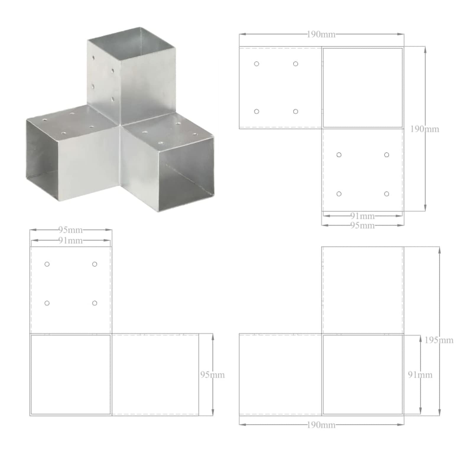 Connettori per Pali a Forma di Y 4 pz Metallo Zincato 91x91 mm,Angolo per palo per Legno, Argento Supporto per Pali,per Gazebo e Porticati,da Avvitare,per Fissaggi su Calcestruzzo
