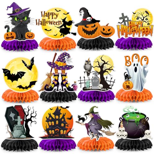12Pcs Halloween Party Decorations Halloween Honeycomb Centerpieces for Table Double Side Spooky Witches Pumpkins Ghosts Table Centerpieces for Halloween Party Home Indoor Office Supplies Decorations