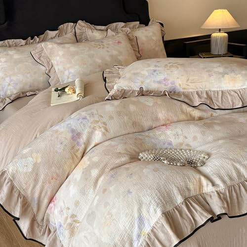 Ruffle Duvet Cover Queen Muslin Cotton Vintage Flower Duvet Cover Soft Breathable Linen Like Gauze Bedding Set for Girls-Ivory