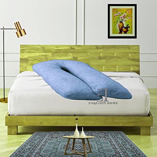 EXQUIZIT HOME Teddy Fleece Full Body 9FT Feet U Shaped Orthopaedic Pillowcase Cover With Zip Pregnancy Maternity Nursing Super Soft Snug Cuddles Pillowcase U Cover Mid Blue 75cm x 135cm Approximate