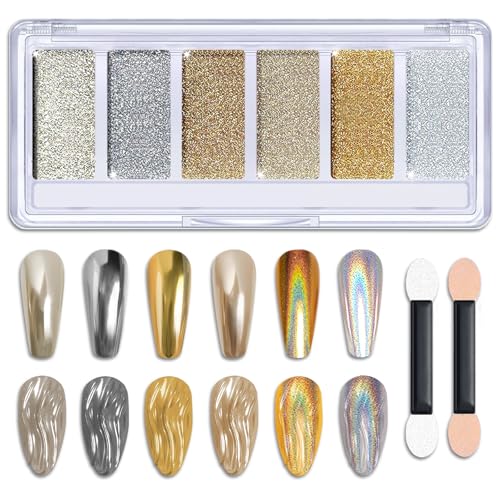 Gold Silver Chrome Nail Powder 6 Colors Metallic Mirror Pigment Glitter Effect Powder Palette for Nails Rose Gold Silver Champagne Rubbing DIY Dust for Nail Art Designs Decoration (Gold Silver)