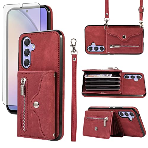 Phone Case for Samsung Galaxy A15 5G Wallet Cover and Tempered Glass Screen Protector with Wrist Crossbody Strap Lanyard Credit Card Holder Stand Leather Cell Accessories A 15 4G 15A Women Red