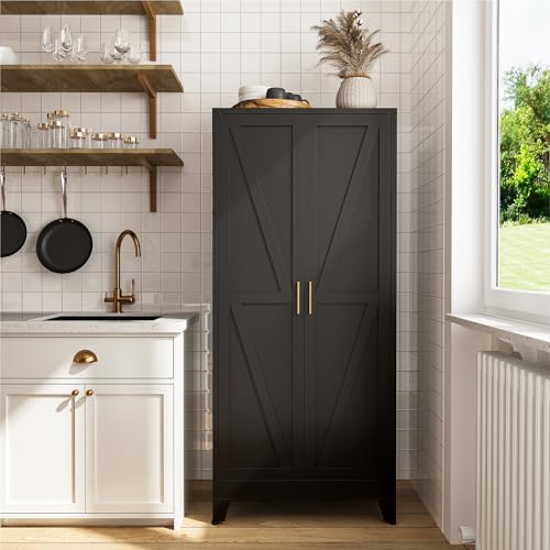 Image of COFaR 61 inch Metal Pantry Cabinet in Black, Modern Storage Cabinet with Adjustable Shelves, Sturdy Metal Cupboard for Kitchen, Office, Living Room & Bathroom Organization