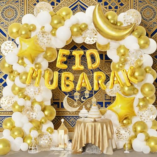 Image of Eid Mubarak Decorations, Ramadan Decorations for Home, 131Pcs White Gold Confetti Balloons Arch Garland Kit with Eid Mubarak Moon Star Foil Balloons for Eid al-Fitr Party