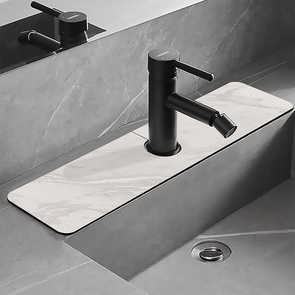 CYlovinho Kitchen Sink Faucet Splash Guard, Faucet Absorbent Mat, Silicone Faucet Water Catcher Mat for Countertops, Bathrooms, Farmhouses, RVs (Marble white, 5.5''*24'')