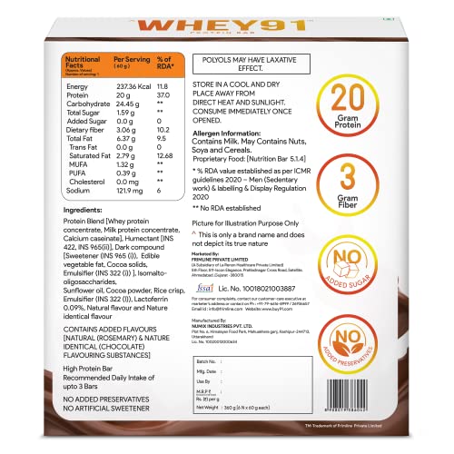 Image of WHEY91 Choco Fudge Protein Bar | 20G Protein & 3G Fibre Per Bar | Whey Protein | Immunity Booster Lactoferrin | No Added Preservatives |No Added Sugar |(Pack Of 6 Bars) 360 Gm