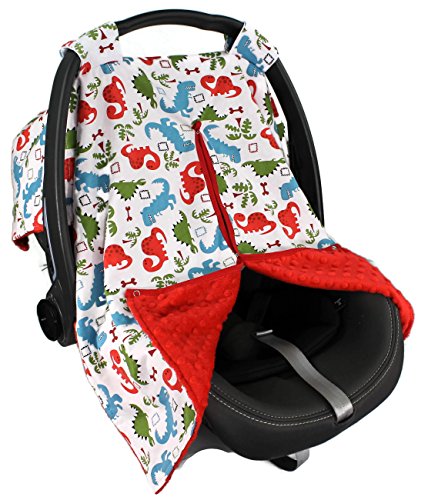 Image of Strawberry Farms Baby Car Seat Cover Canopy and Nursing Cover 2 in 1 Red and Blue Dino