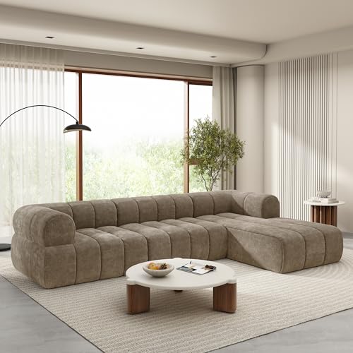 Image of Christopher Knight Home Mania 122 inch Modular L-Shape Sofa Couch with Chaise Lounge, Modern Sectional Sofa Set for Living Room, Boucle Fabric Upholstered Cloud Couch with Deep Seat, Brown