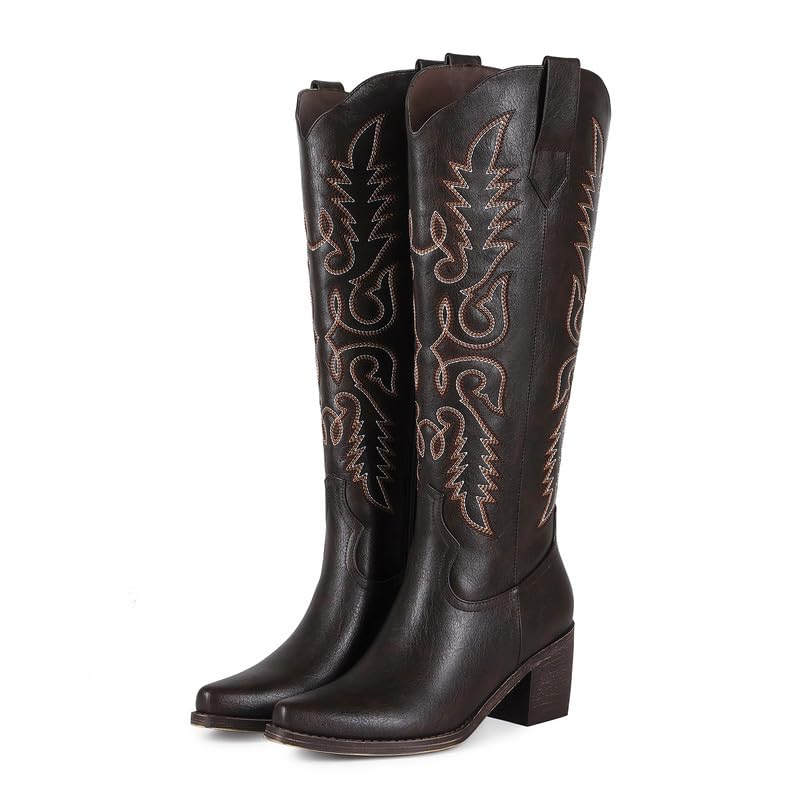 Image of ZJA Cowgirl Knee High Embroidery Pointed Toe Boots for Women