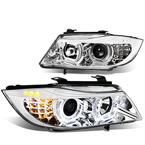 [Halogen Model] Dual 3D Crystal Halo LED Turn Signal Projector Headlight Lamps Assembly Compatible with BMW E90 3-Series 05-08, Driver and Passenger Side, Chrome Housing Clear Lens