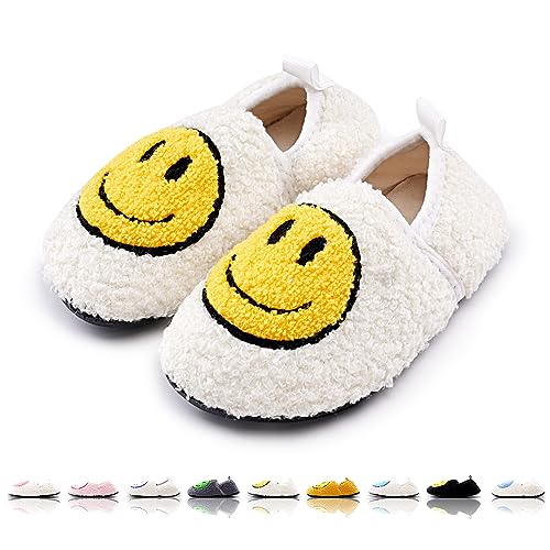 Smile Face Slippers Kids Fuzzy Indoor House Slippers Toddler Home Cozy Socks Cute Face Non-Slip Rubber Sole Warm Baby Shoes Cartoon Soft For Boys Girls White Yellow 2829 -  soofylia, Smile-White Yellow-2829