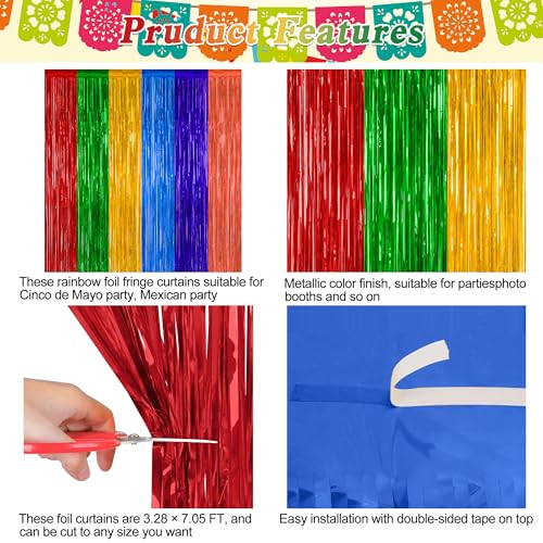 Image of ZATAYE 2 Pack Mexican Color Fiesta Foil Curtain Streamer Decorations | Mexican Color, Metallic Foil, 3.28 x 7.05 FT, Tinsel Backdrop, Foil Curtain Streamer, Fiesta Party Decorations