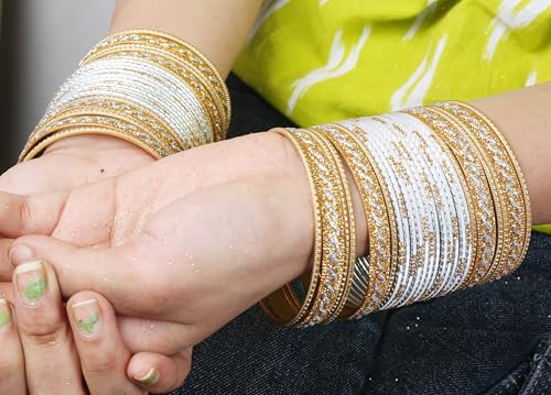 Touchstone Indian Bollywood Glamorous Fashion Wrist Enhancing Shimmering Golden Glitters Textured Color Designer Jewelry Bracelets Bangle Chura. Set of 48 in Gold Tone for Women.2