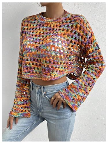 GORGLITTER Women's Colorful Bell Sleeve Crochet Cropped Sweater Lightweight Crewneck Pullover Knit Tops2