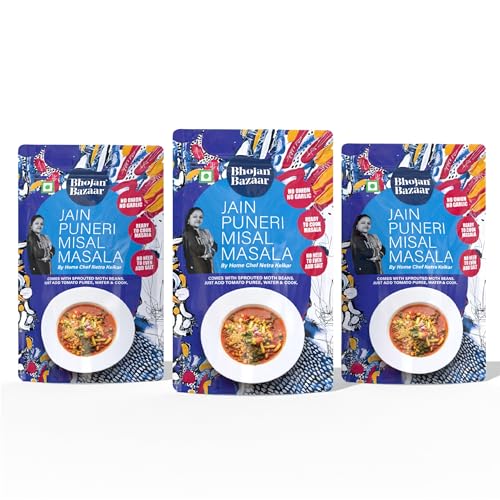 Image of Bhojan Bazaar Jain Puneri Misal Masala - Pack of 3, 70 g Each | No Onion No Garlic Ready To Cook in 10 min | Serves 4 | Authentic Puneri Taste Jain Masala with Sprouted Moth Beans | No Added Preservatives