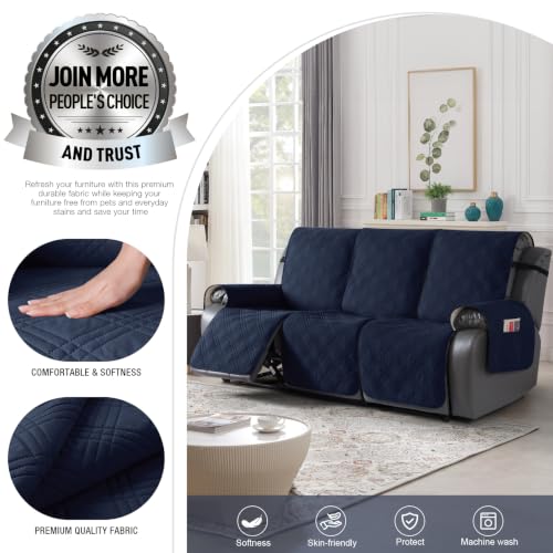 Image of TAOCOCO Waterproof Recliner Sofa Cover Non Slip for Reclining Couch 3 Seat | 100% Waterproof & Washable Split Couch Cover for Dogs & Pets, 3-Piece Recliner Chair Covers with Straps & Pockets, Dark Blue