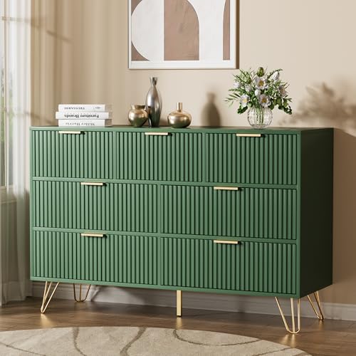 Image of Furniway Dresser for Bedroom, Fluted Modern Dresser with Gold Pulls and 7 Drawers, 15.7 inch D x 47.2 inch W x 31.4 inch H, Green