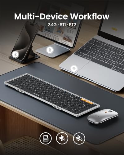 Image of ProtoArc XKM01 Full-Size Foldable Keyboard Mouse for Travel - Black Silver | 105-key keyboard, slim mouse, hard case and phone stand; 3-device Bluetooth & 2.4G switching, for travel office use
