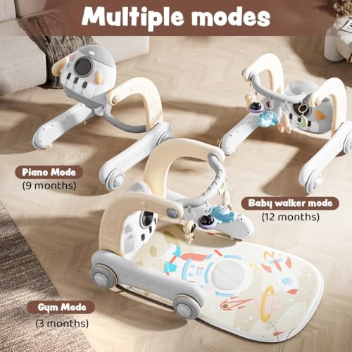 Image of Baybee 4-in-1 Activity Baby Walker for Kids with Convertible Play Gym, Musical Piano & Push Walker | Interactive Hanging Toys, Lights, Anti-Slip Wheels for Babies 0 to 3 Years (Grey)