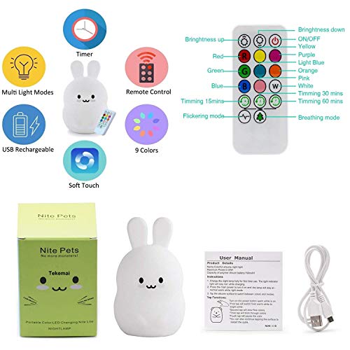 Tekemai Veilleuse Enfant, lampe de chevet en silicone doux portable multicolore avec contrôle du robinet, éclairage led rechargeable USB cadeau de chambre à coucher/enfant - Lapin - Image 8