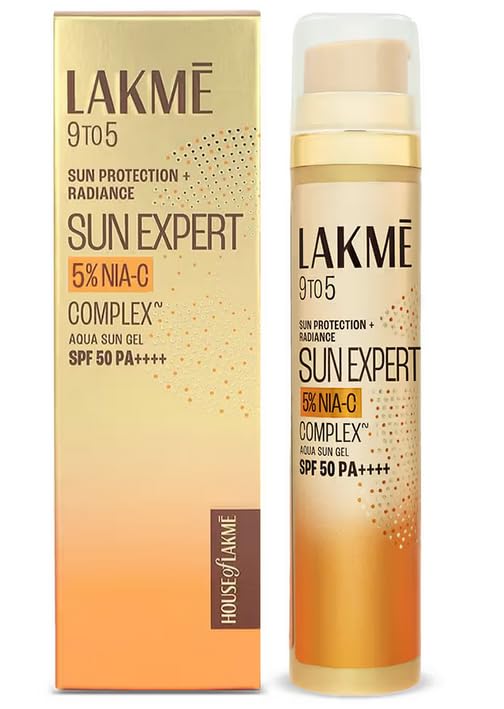 Lakme Sun Expert 5% Nia C Water-Light Sunscreen Gel Spf 50 Pa++++ Best For Oily Skin | Even Toned & Glowing Skin |Helps Reduce Pigmentation | Uva/B Protection, No White Cast 56G