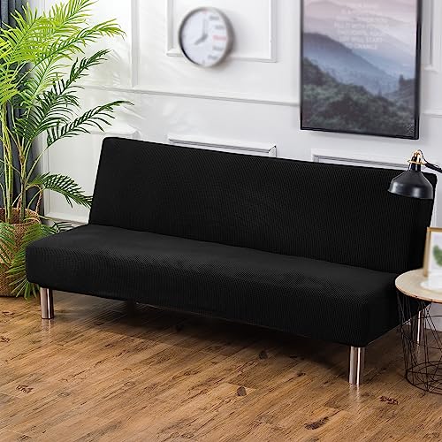Stretch Futon Cover, Couch Cover for Futon, Armless Sofa Cover, Foldable Sofa Bed Slipcover Without Armrest, Universal Thick Sofa Slipcovers Furniture Protector for Kid, Pet(Small Checks Black,Medium)