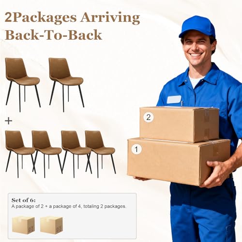 Image of Modern Dining Chairs Set of 6, PU Leather Dining Room Chairs, Upholstered Kitchen Chairs with Ergonomic Backrest & Sturdy Metal Legs, Perfect for Dining Room, Living Room, Brown
