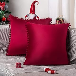 Velvet Cushion Cover 40cm x 40cm Set of 2 ORANIFUL Square Christmas Pillowcase with Pom Poms Decorative Throw Pillow Cases for Sofa Couch Bed Home Decor Car 16 x 16 Inches Red