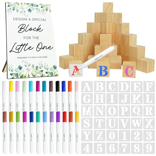 111 Pcs Baby Shower Game Blocks to Decorate, Includes 36 Stencils 50 Wooden Blocks 24 Acrylic Markers - Plain Wooden Blocks Great for Baby Shower Activities for Guests