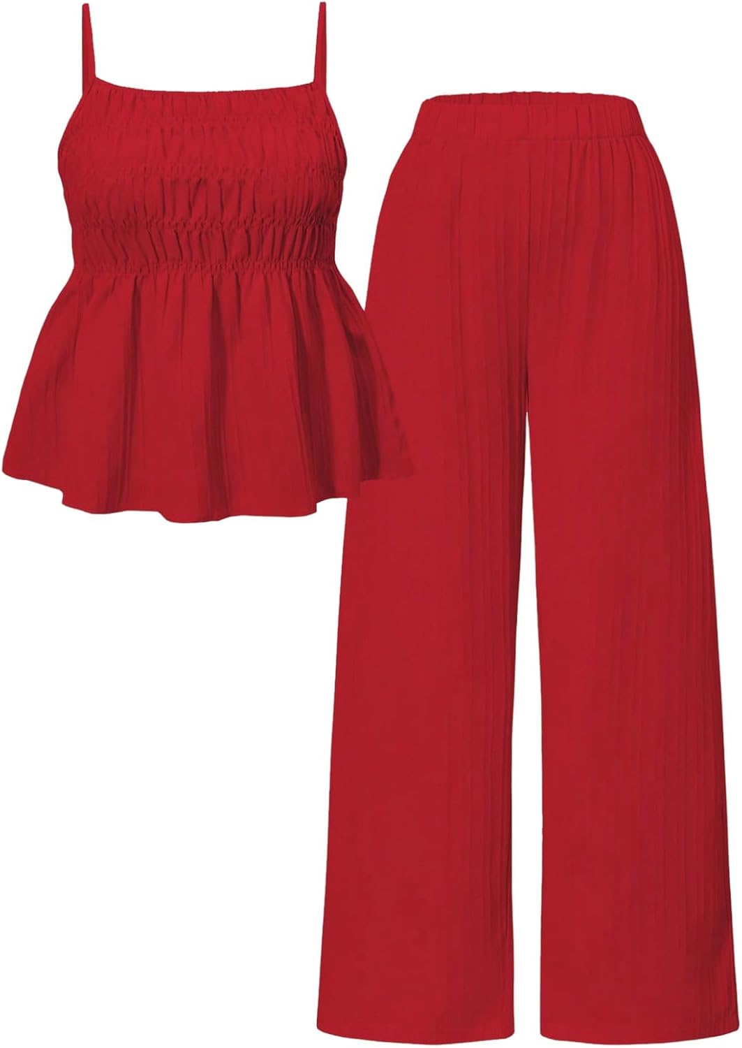 OYOANGLE Girl's 2 Piece Outfits Smocked Sleeveless Peplum Top and Wide Leg Pants Summer Clothes Set
