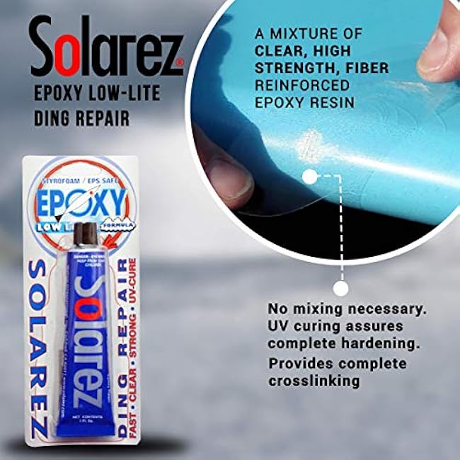 Solarez UV Cure Epoxy Low Lite Ding Repair (1 oz) Low Light Surfboard Repair ~ Sun Cures 100% Dry in Cloudy Weather! ~ EPS Foam Safe, Non Yellowing, Super Strong Fix in 3 Minutes! Made in The USA