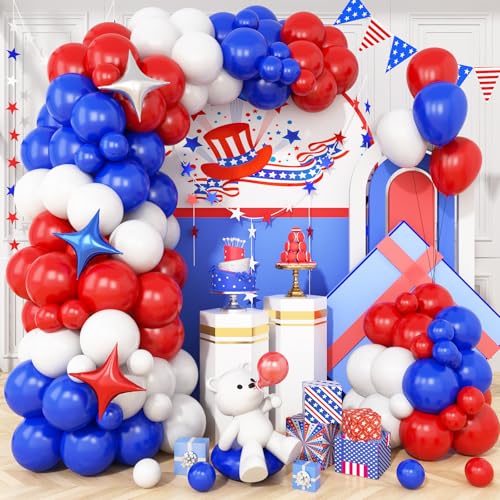 Image of Red White Blue Balloon Arch Kit, Patriotic Balloon Garland for 4th of July | Royal Blue Red White Balloons with Star Foil Balloon for 4th of July, Graduation, Birthday, Wedding, Nautical Baseball Party