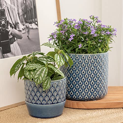 La Jolie Muse Ceramic Planter Set Of 2 - 6.3 Inch Peacock Feather Pattern Embossed Flower Pot W/ Drain Hole For Indoor, Peacock Blue #TOP1